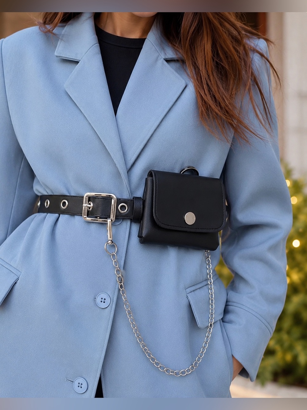 Black Leather Belt Bag with Silver Chain